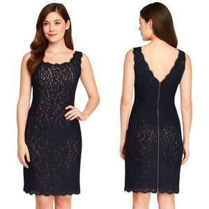 Adrianna Papell Dress 4 Blue Lace Nude Lined Sleeveless Sheath Cocktail Formal